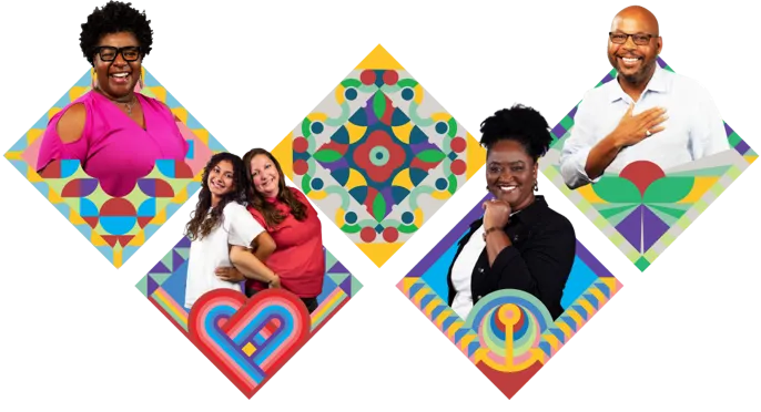 Three caregivers of sickle cell disease Warriors surrounded by a colorful mosaic graphic design and tiles