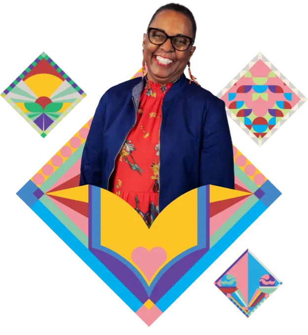 Headshot of a female caregiver of a sickle cell disease Warrior surrounded by a colorful mosaic design and three graphic tiles